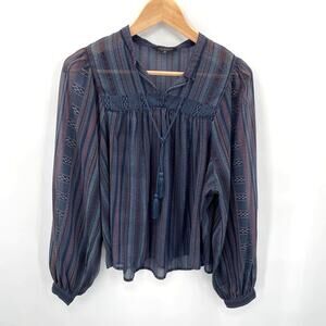 Lucky Brand Navy Print Long Sleeve Lightweight Peasant Blouse // S